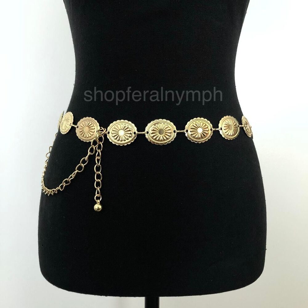 Vintage Y2K Boho Gold Medallion Chain Belt, Fits 23.5–43 Inches, X7GA1187